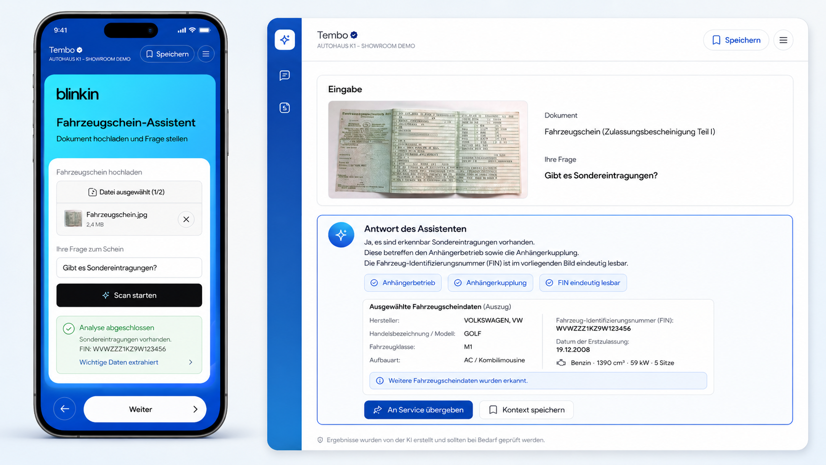 Blinkin Assistent analysiert einen Fahrzeugschein und zeigt strukturierte Antworten