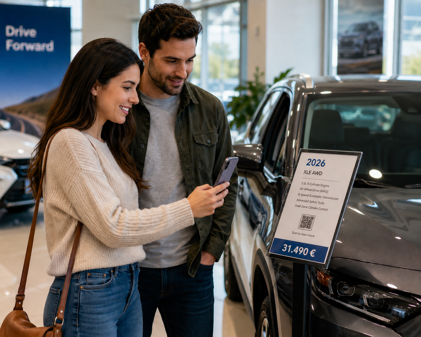 Kundinnen und Kunden scannen einen QR-Code direkt am Fahrzeug im Autohaus